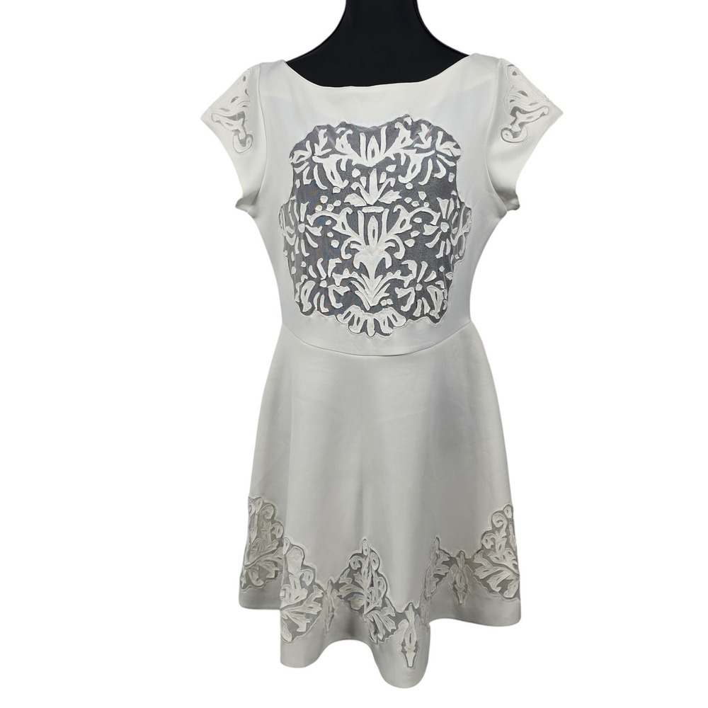 Free People White Lace Applique Fit Flare Mini Dress Womens Medium Boho Chic